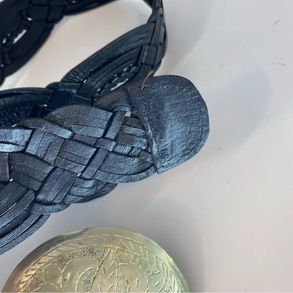 LADIES BELT ONE SIZE MOROCCO CONCHO SILVER BLACK LEATHER BRAIDED WOVEN WESTERN - Picture 5 of 9